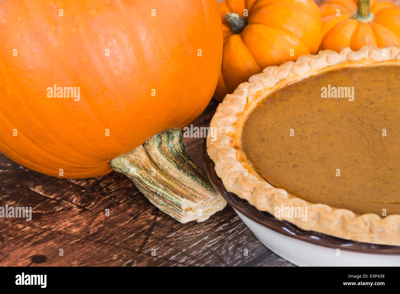 Closeup of pie pumpkin and a homemade pumpkin pie Stock Photo
