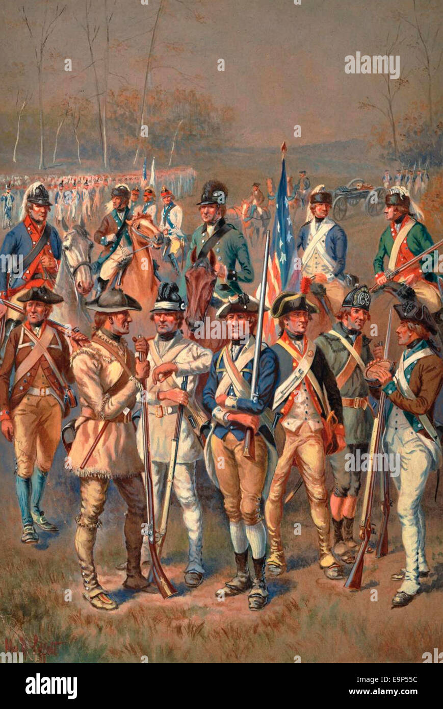 A watercolor painting depicting a variety of Continental Army soldiers, USA Revolutionary War. Stock Photo