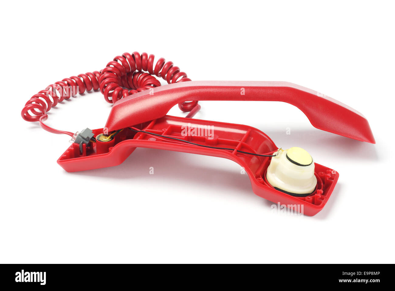 Open Red Telephone Handset Showing Internal Components Stock Photo