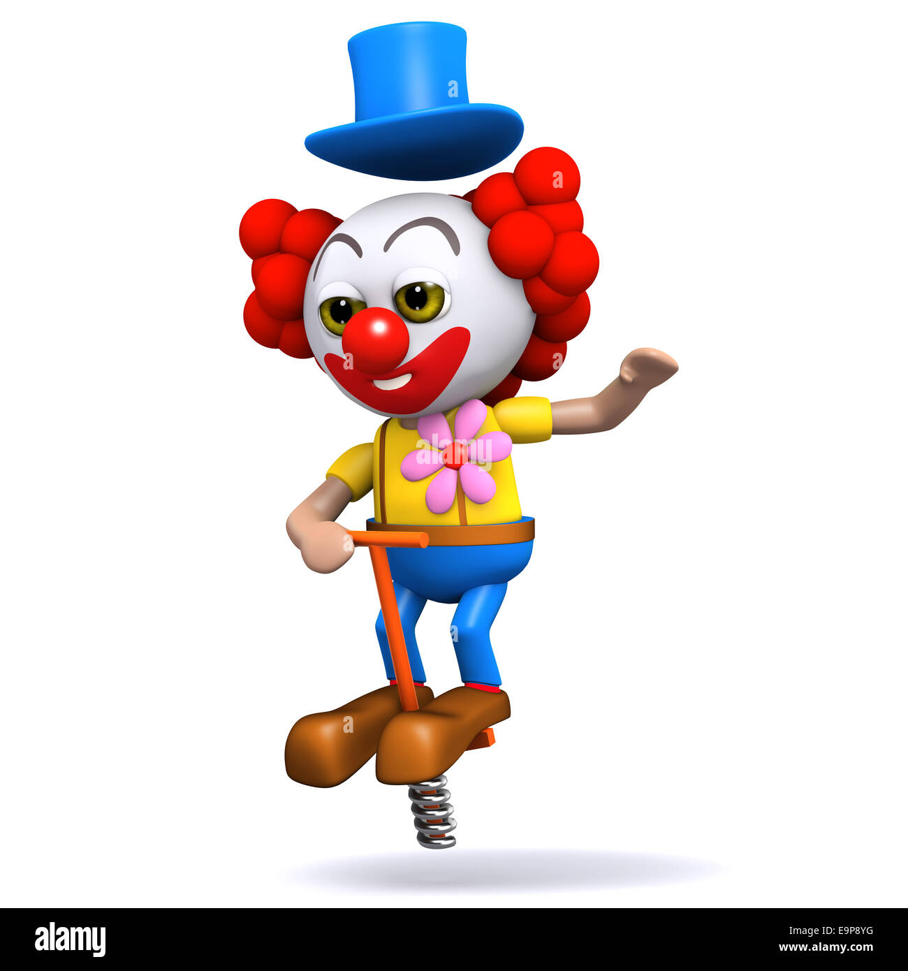 3d funny cartoon clown character bouncing on a pogo stick Stock Photo -  Alamy
