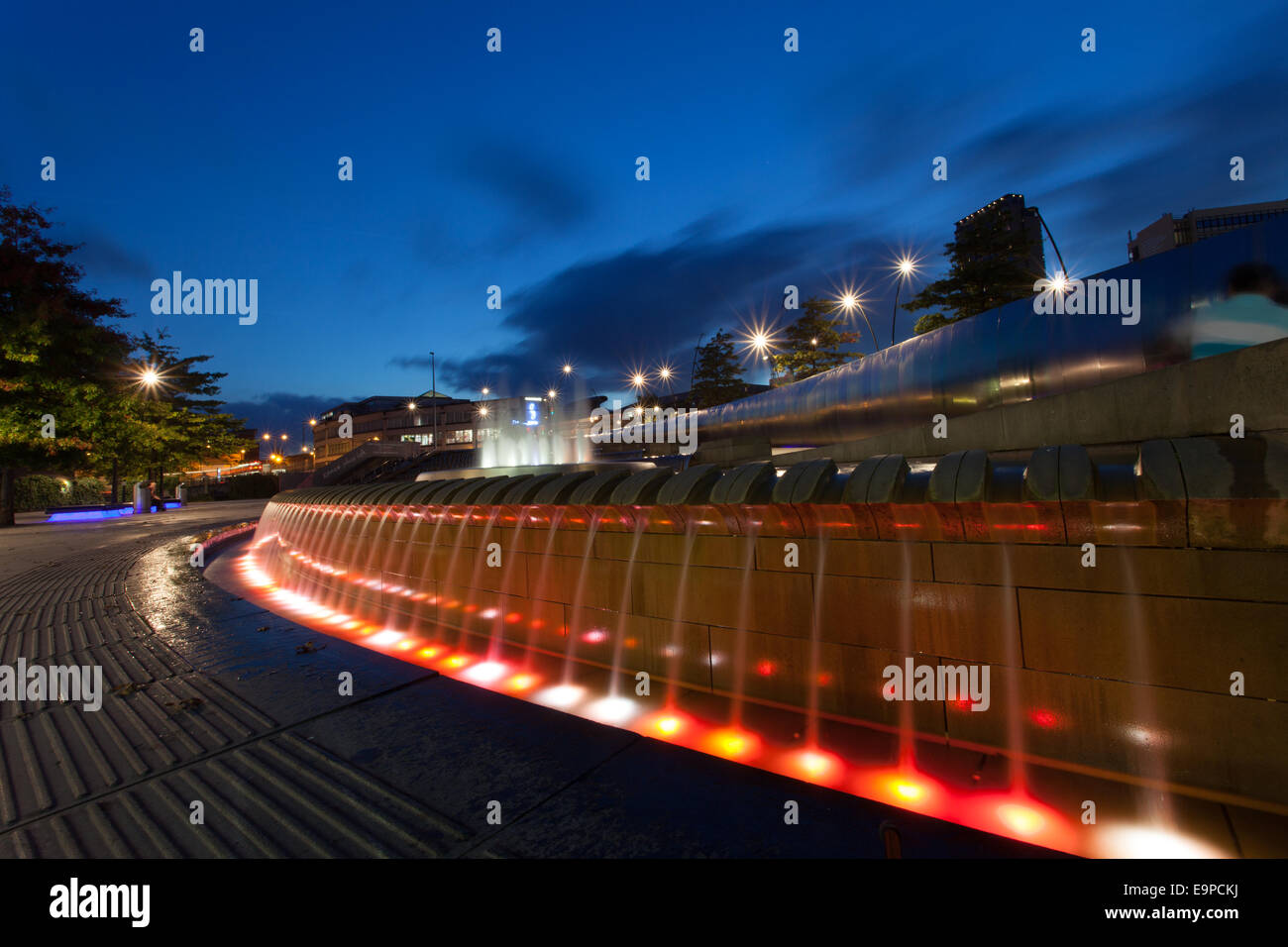Fountains and water feature on Sheffield train station concourse at