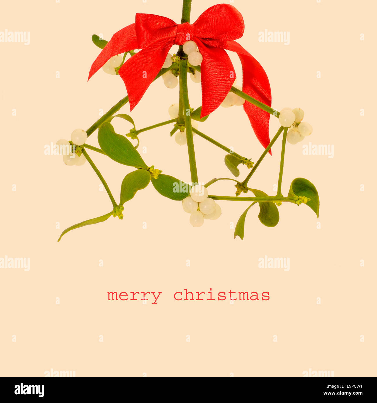 a branch of common mistletoe with a red ribbon bow, and the sentence merry christmas on a beige background, with a retro effect Stock Photo