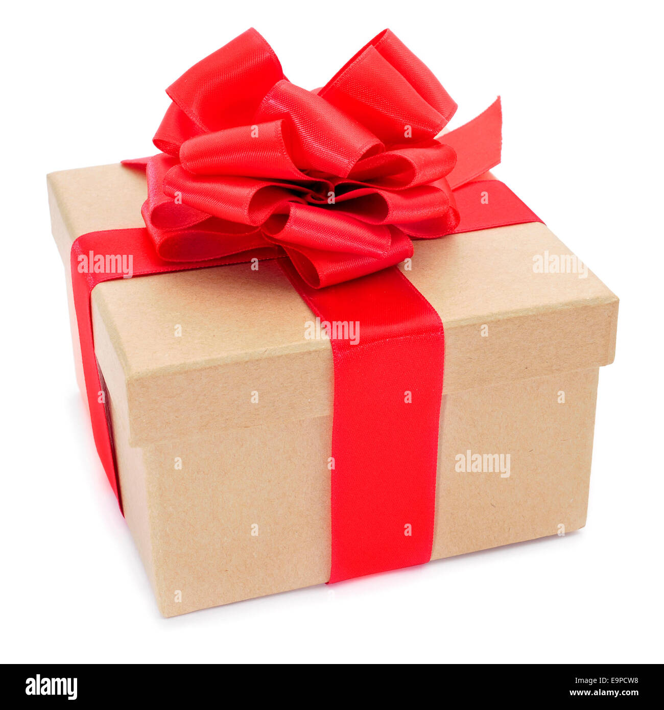 a cardboard gift box with a red ribbon bow on a white background Stock ...