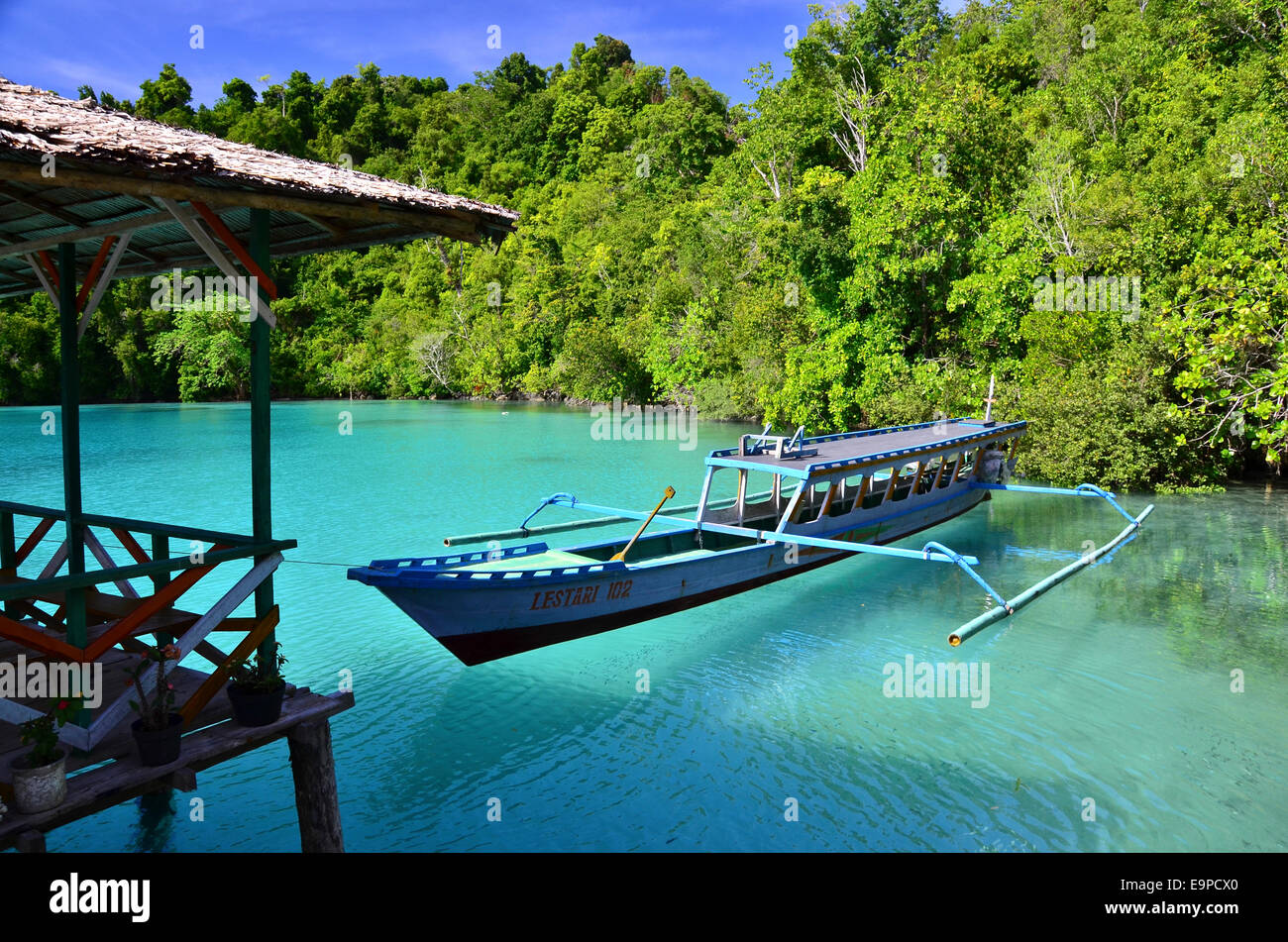 Dugout in the Tomini Bay, Island of Malenge, Togian Islands, Sulawesi, Indonesia Stock Photo