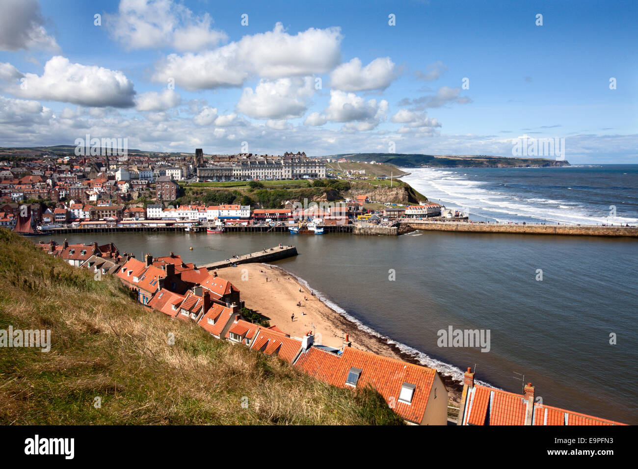 View over the Lower Harbour at Whitby from St Marys Church Yorkshire Coast England Stock Photo
