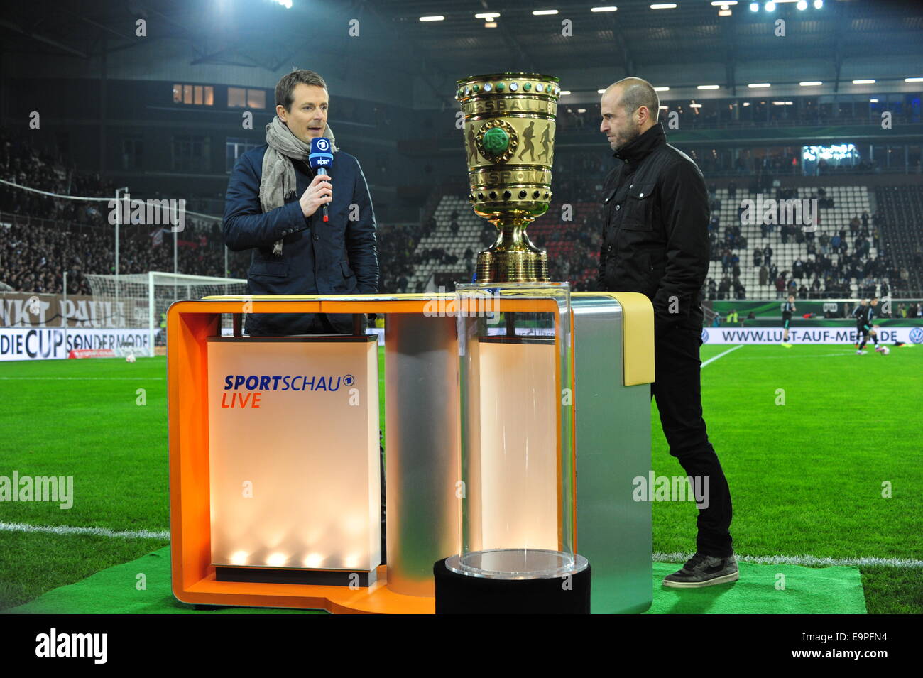 German TV in Interview with Mehmet Scholl, former player at Bayern Munich, DFB Cup, FC St. Pauli, Hamburg. Editorial use only. Stock Photo