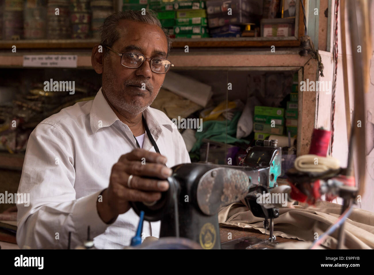 Portrait of tailor. Kinari Bazaar, Agra, Uttar Pradesh, India Stock Photo