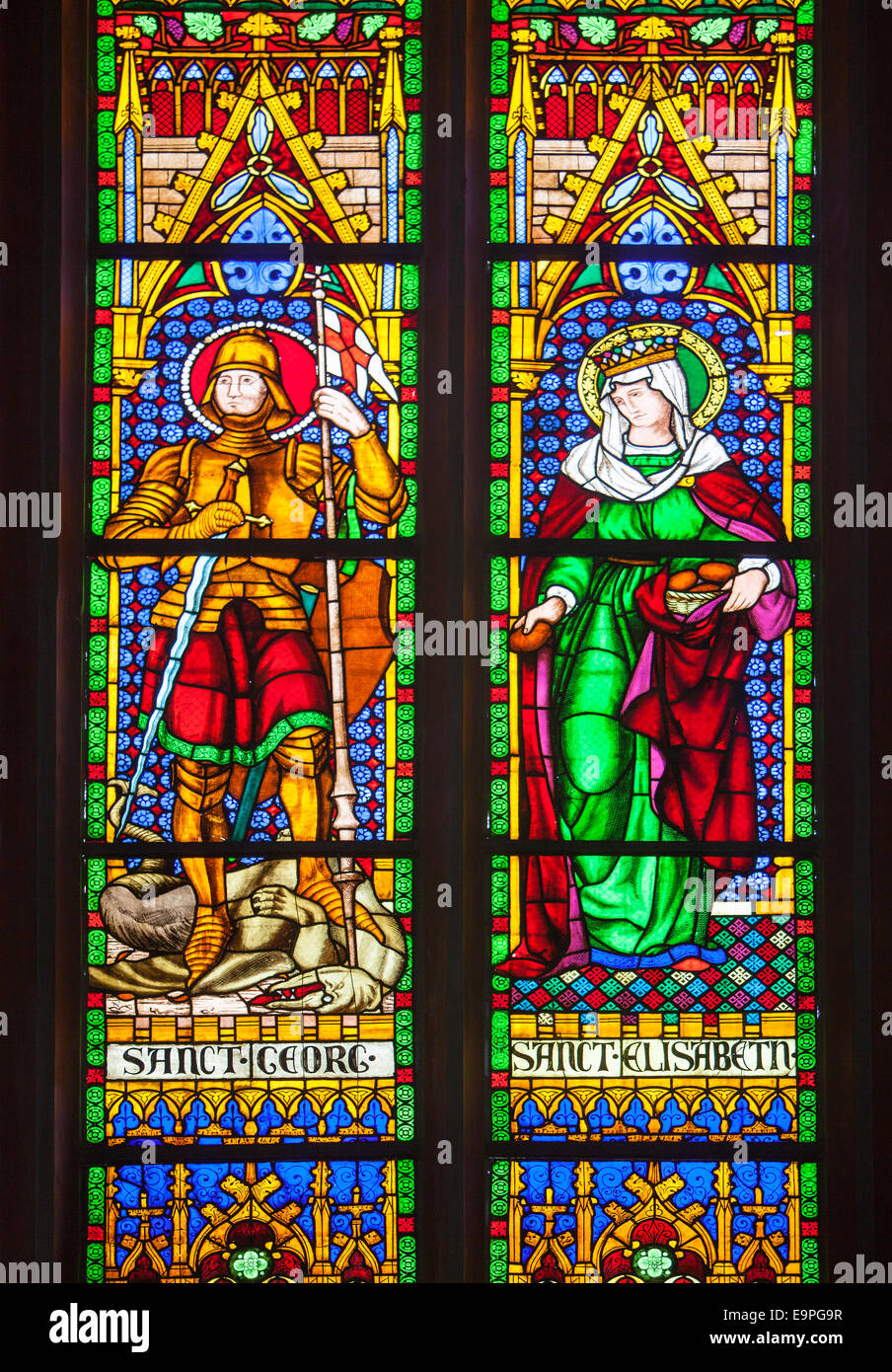 Window with the saints Elizabeth and George, St Mary's parish church, Marburg, Hesse, Germany, Europe , Stock Photo