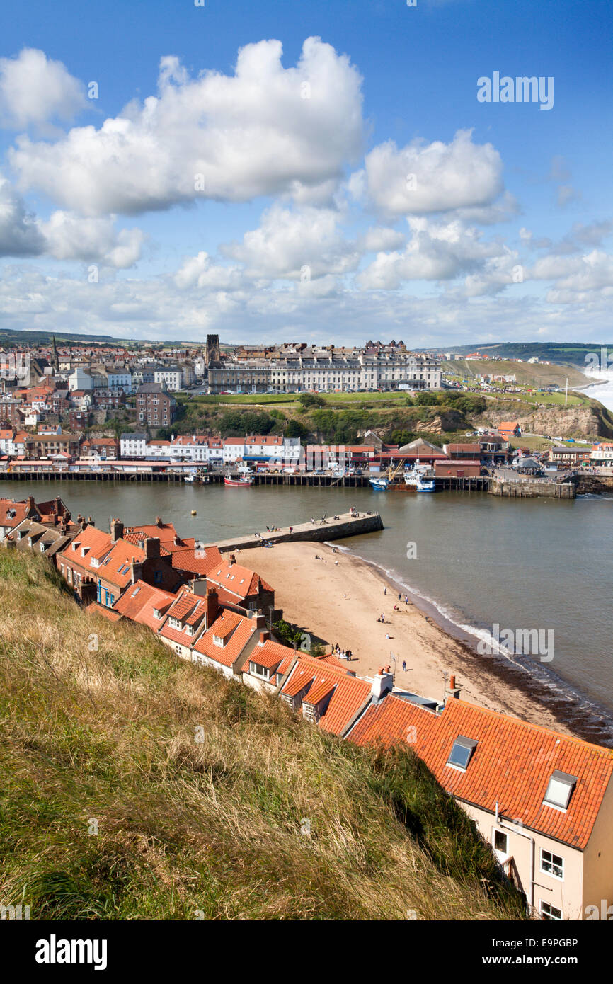 Tate Hill Sands and the Lower Harbour from St Marys Church Whitby Yorkshire Coast England Stock Photo