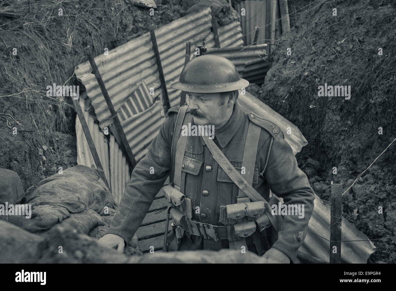 World War One, WW1 living history re-enactment, Trench warfare, Surrey, The Great war centenary soldiers, Stock Photo