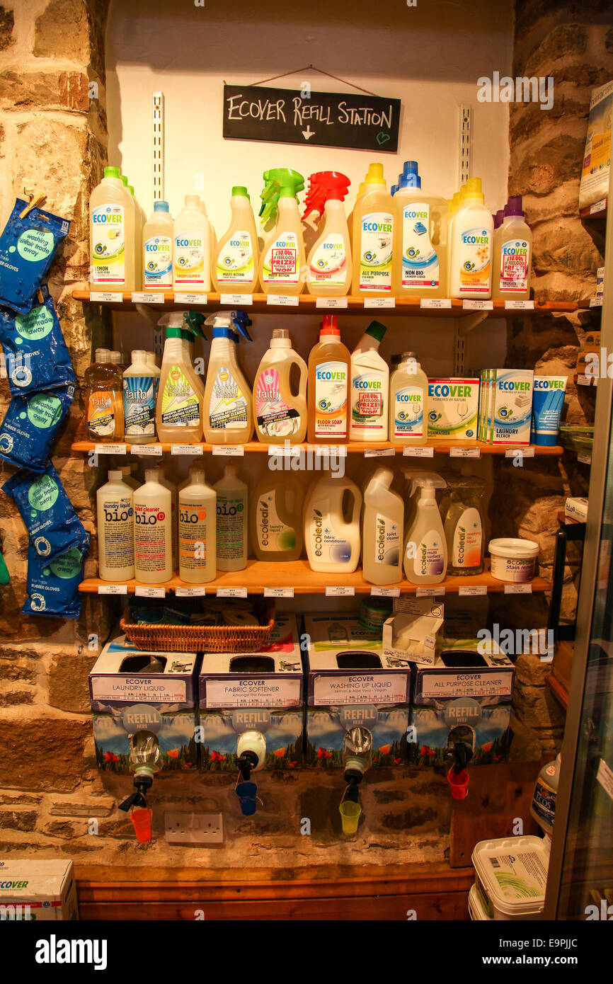 A display of Ecover environmentally friendly cleaning products and refill station at Field Fayre Organic shop Ross on Wye Stock Photo