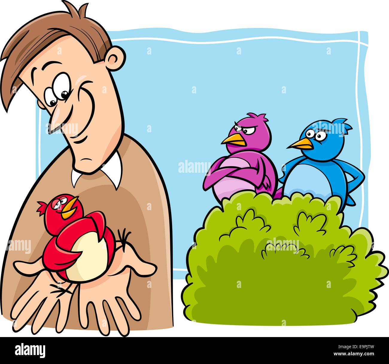 Cartoon Humor Concept Illustration of A Bird in the Hand is Worth Two in the Bush Saying or Proverb Stock Photo