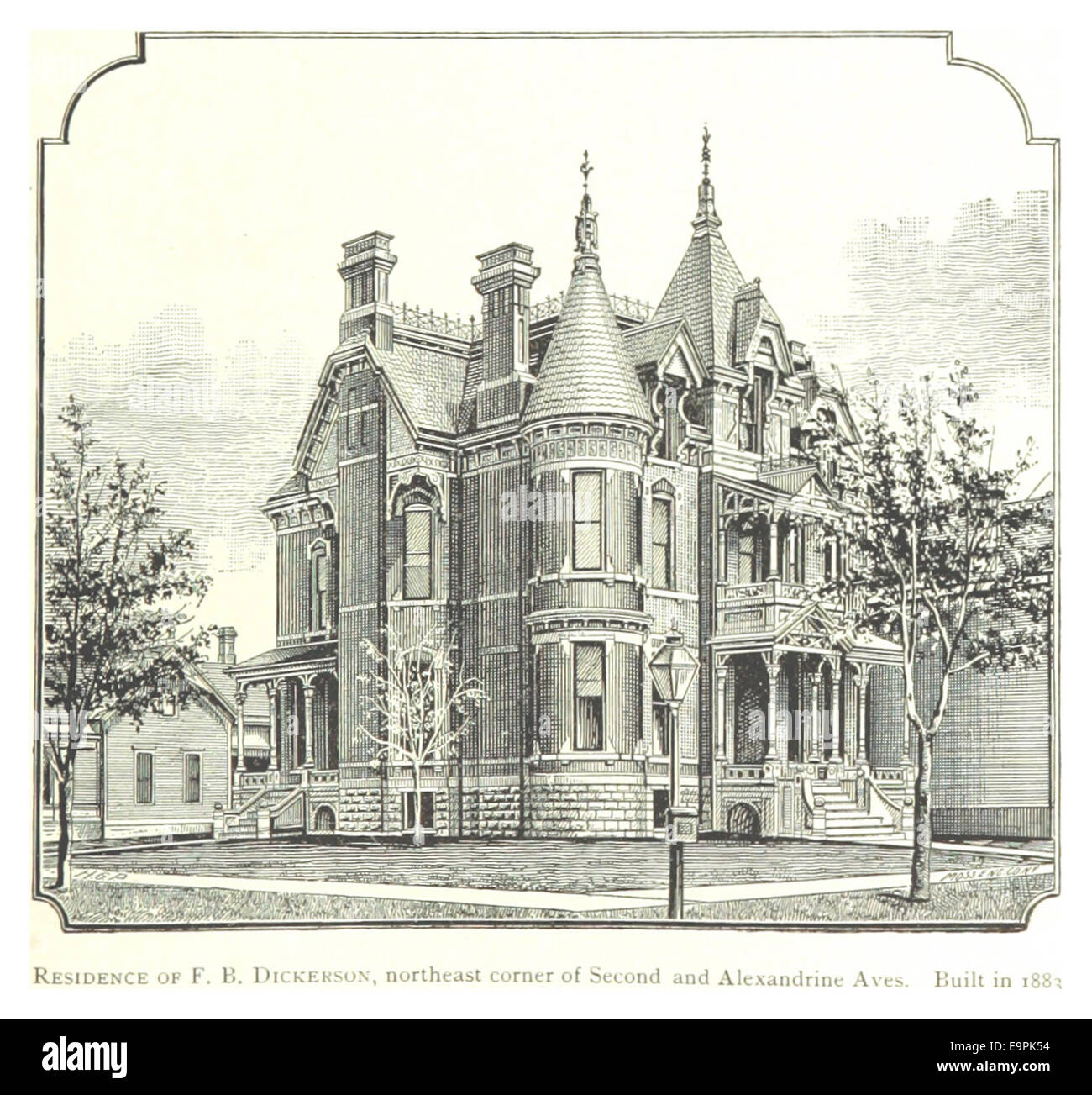 FARMER(1884) Detroit, p475 RESIDENCE OF F.B. DICKERSON, NORTHEAST CORNER OF SECOND AND ALEXANDRINE AVES. BUILT IN 1883 Stock Photo
