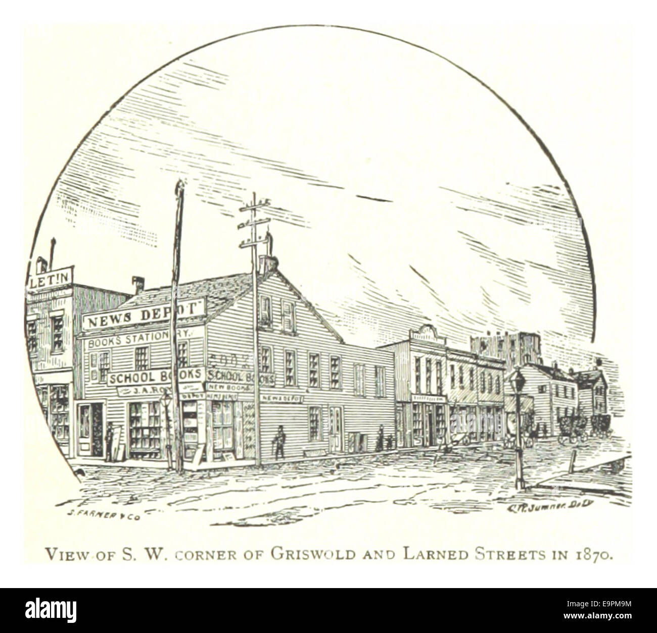 FARMER(1884) Detroit, p511 VIEW OF S.W. CORNER OF GRISWOLD AND LARNED STREETS IN 1870 Stock Photo