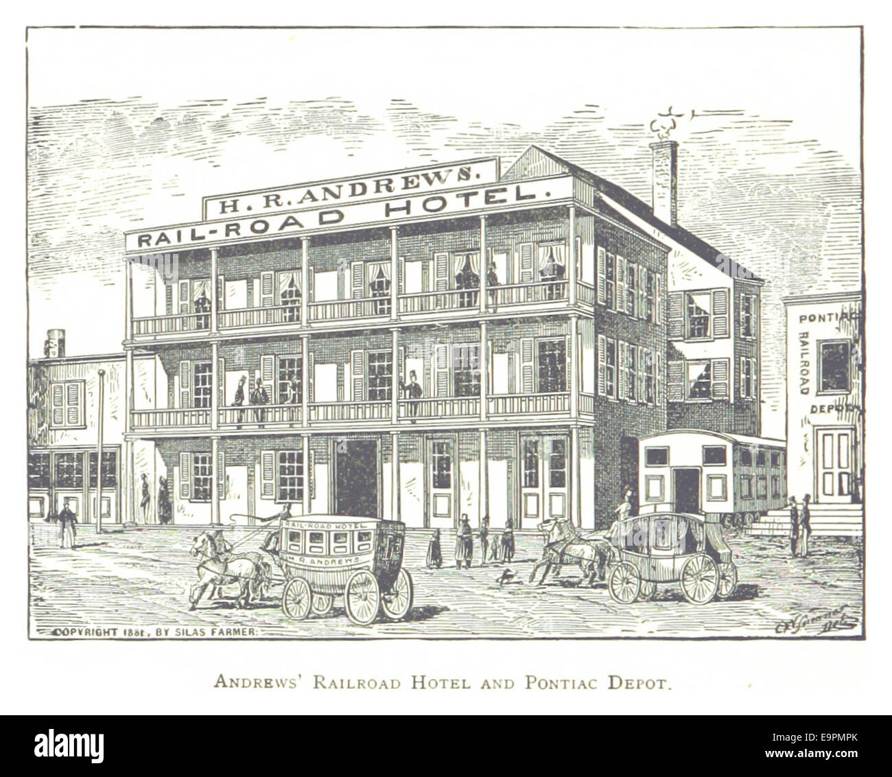 FARMER(1884) Detroit, p536 ANDREWS' RAILROAD HOTEL AND PONTIAC DEPOT Stock Photo