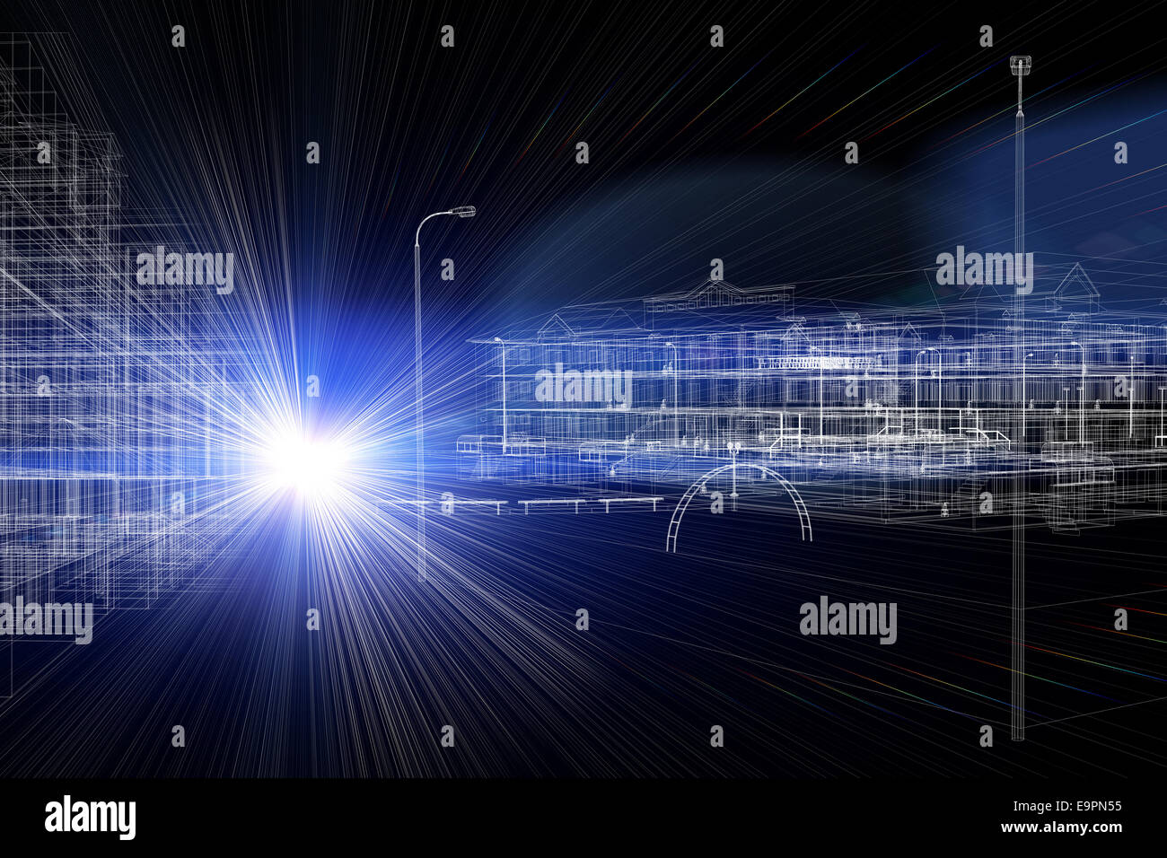 Wire-frame buildings with light on dark background Stock Photo - Alamy