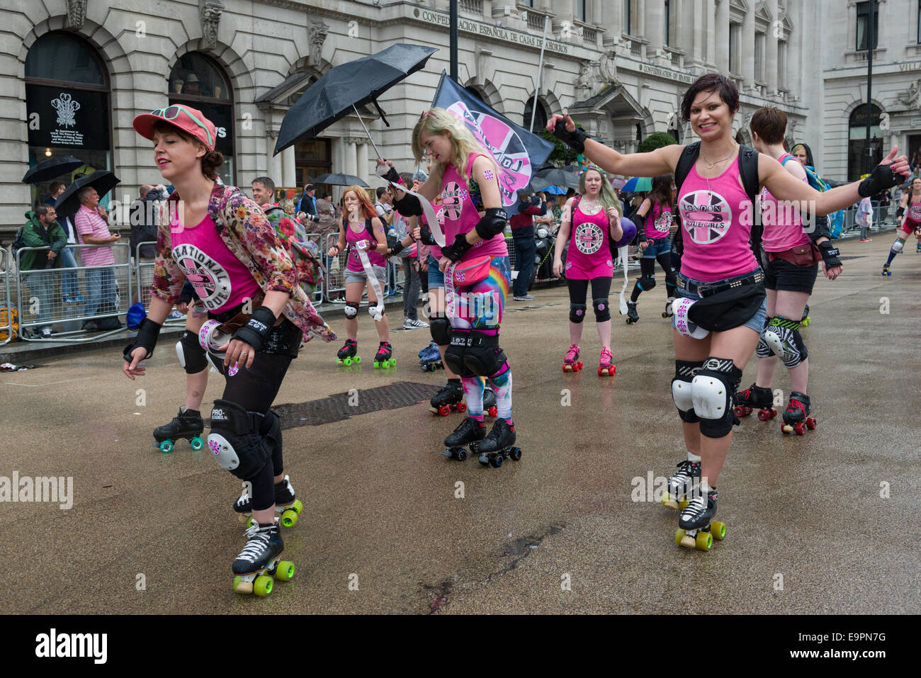 London Rollergirls taking part in the London Pride Parade 2014, London, England Stock Photo