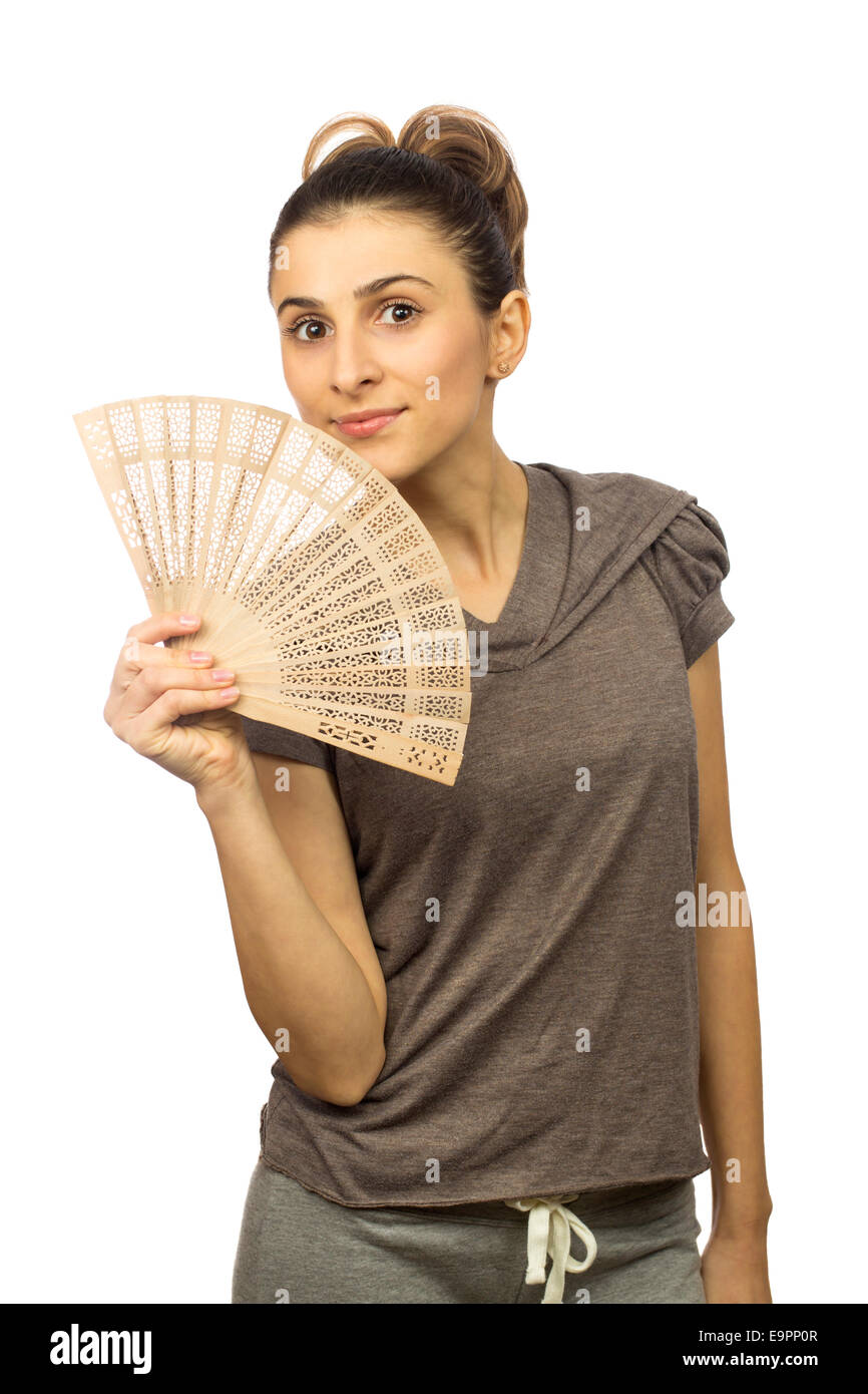 Woman Smiles As She Is A Fan Of Summer over white background Stock Photo