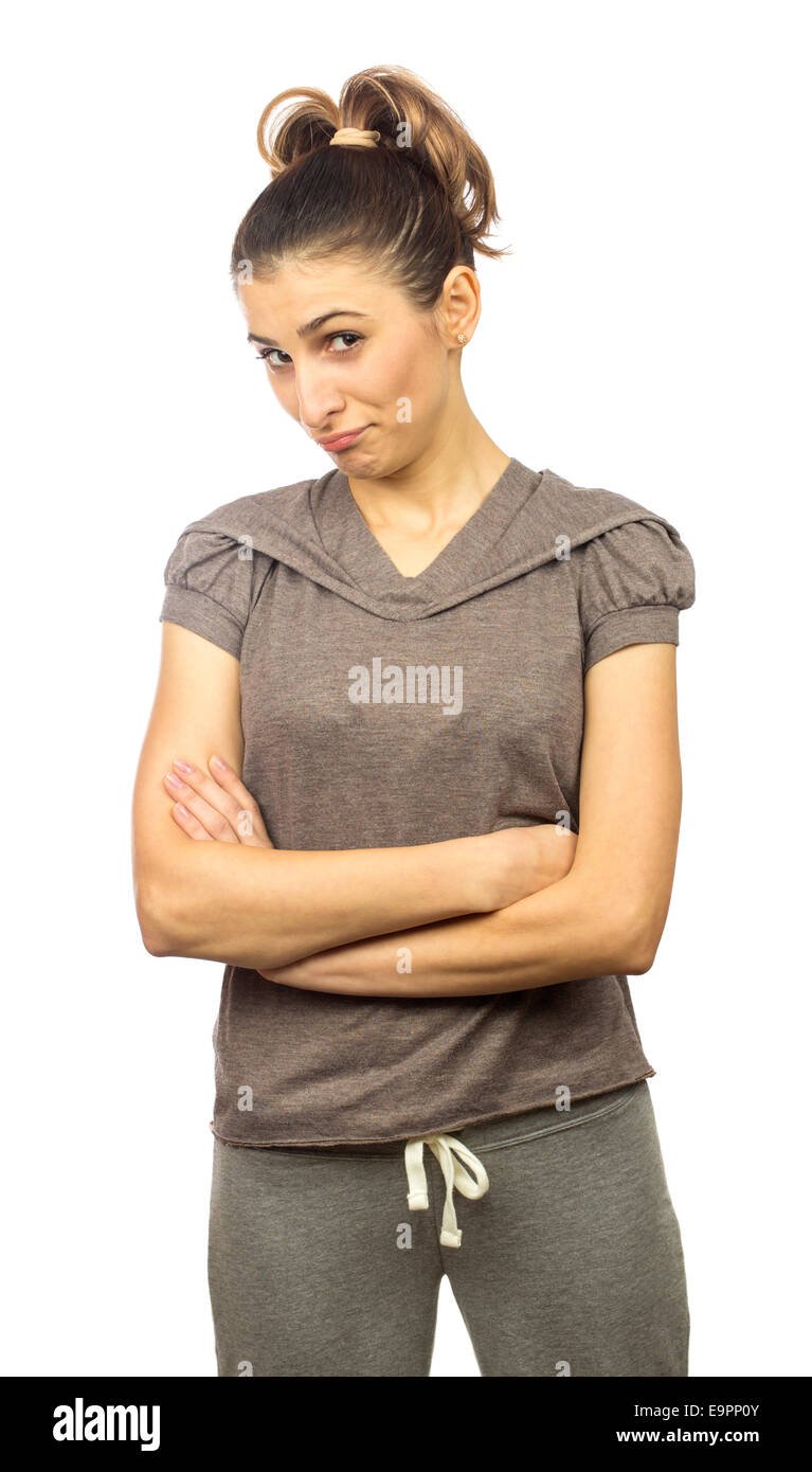 Closeup portrait of a picky woman looking at you over a white background Stock Photo