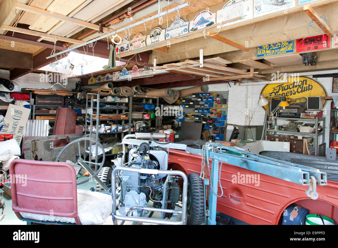 Garage with car chassis, Kingston upon Thames, England, UK