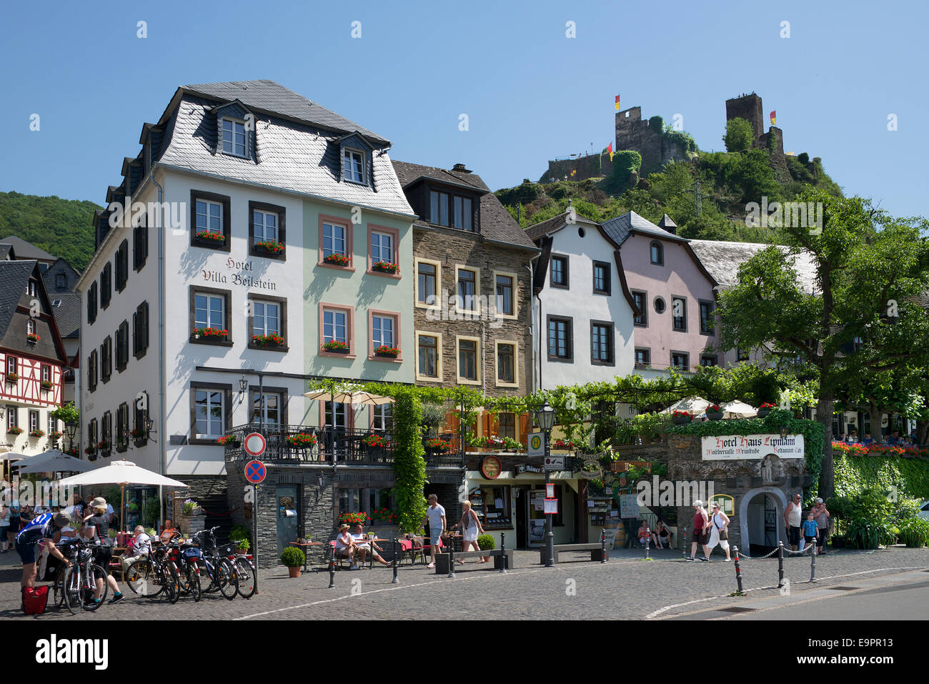 River front buildings and Metternich Castle Beilstein Moselle Valley Germany Stock Photo