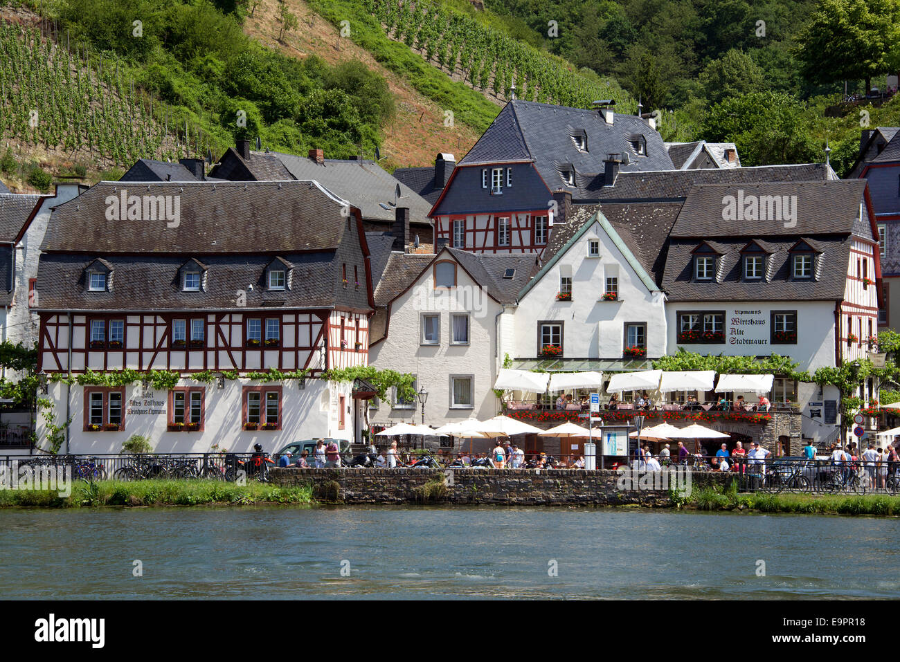 River front buildings medieval town of Beilstein Moselle River Moselle Valley Germany Stock Photo