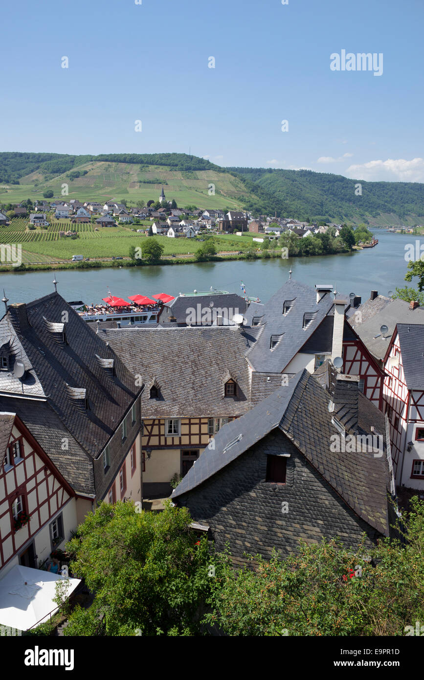 Roof tops and Moselle River Beilstein Moselle Valley Germany Stock Photo