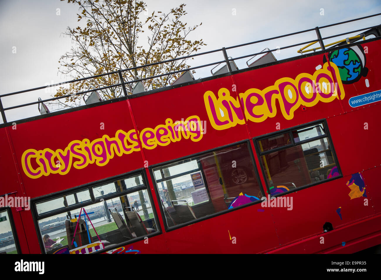 An open top sight seeing bus in Liverpool Stock Photo