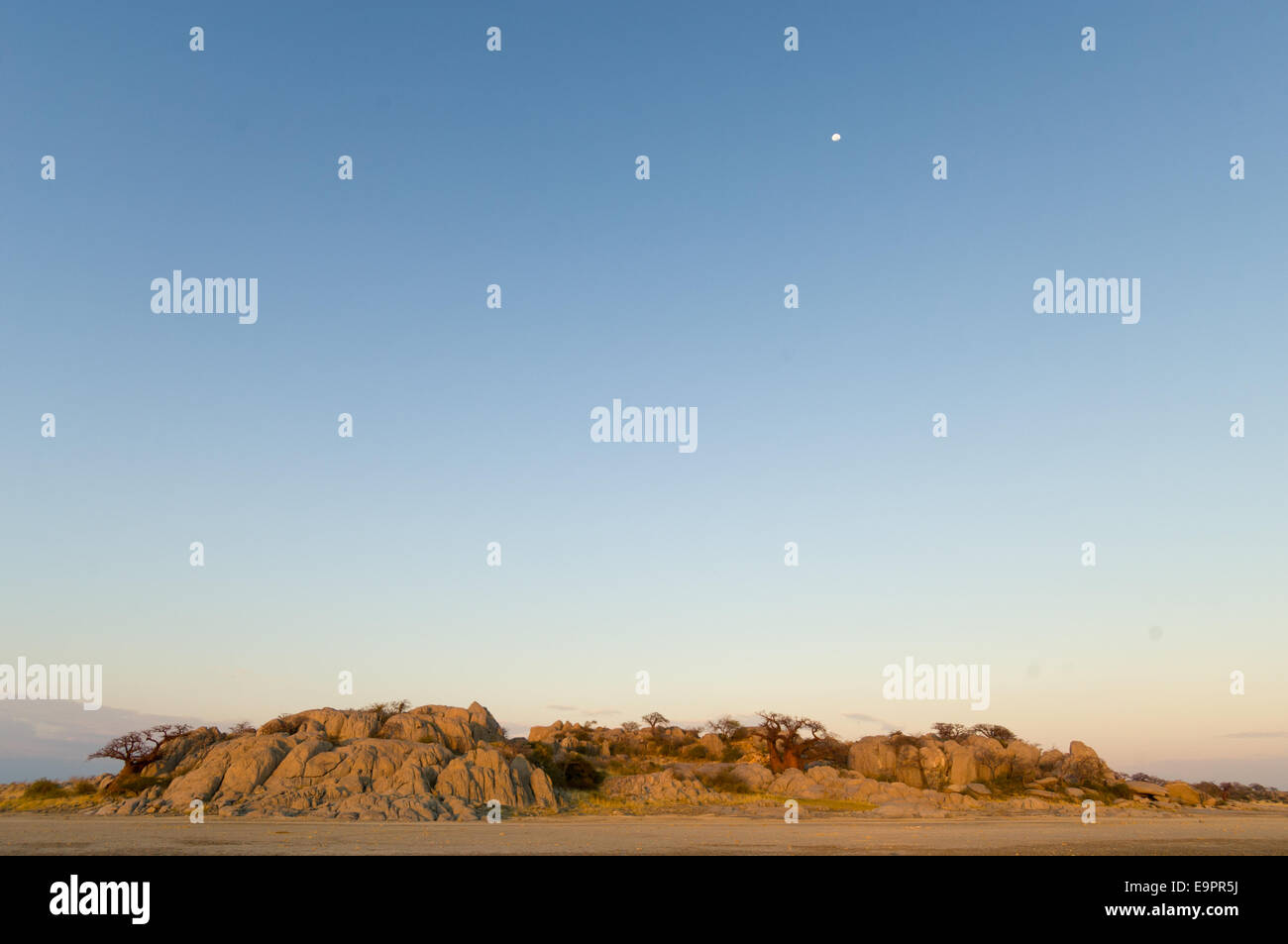 Moon over the granite mass of Kubu Island (Lekhubu) at sunrise, Magkadigkadi Pan, Botswana Stock Photo
