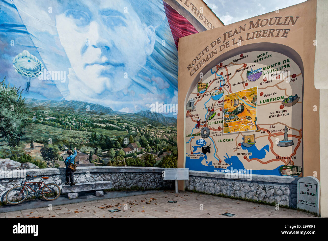 Mural about the French World War Two resistance fighter Jean Moulin at Saint-Andiol, Bouches-du-Rhône, France Stock Photo