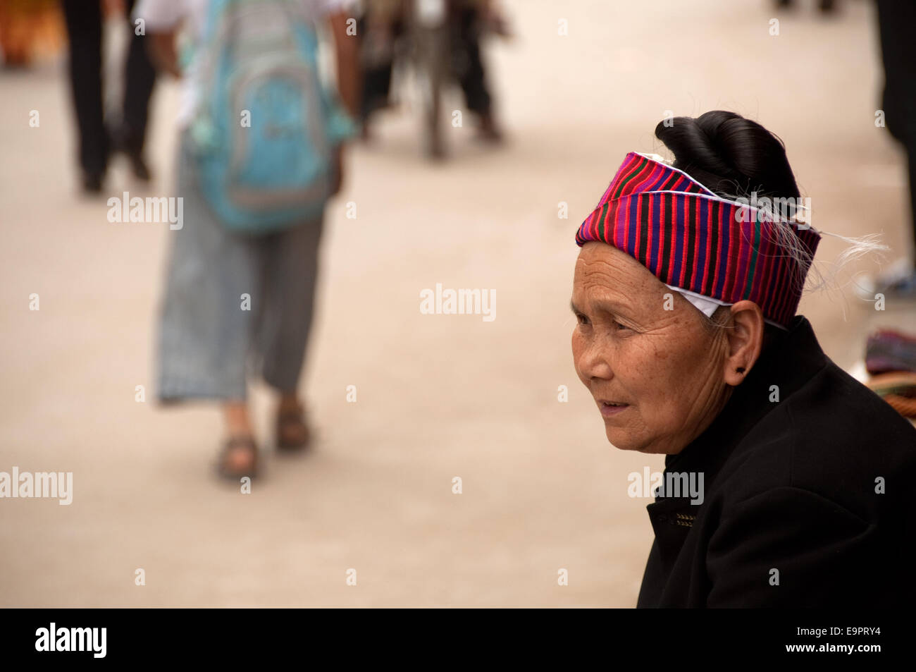 An old Miao woman with traditional kerchief, Shidong, Guizhou Province, China Stock Photo
