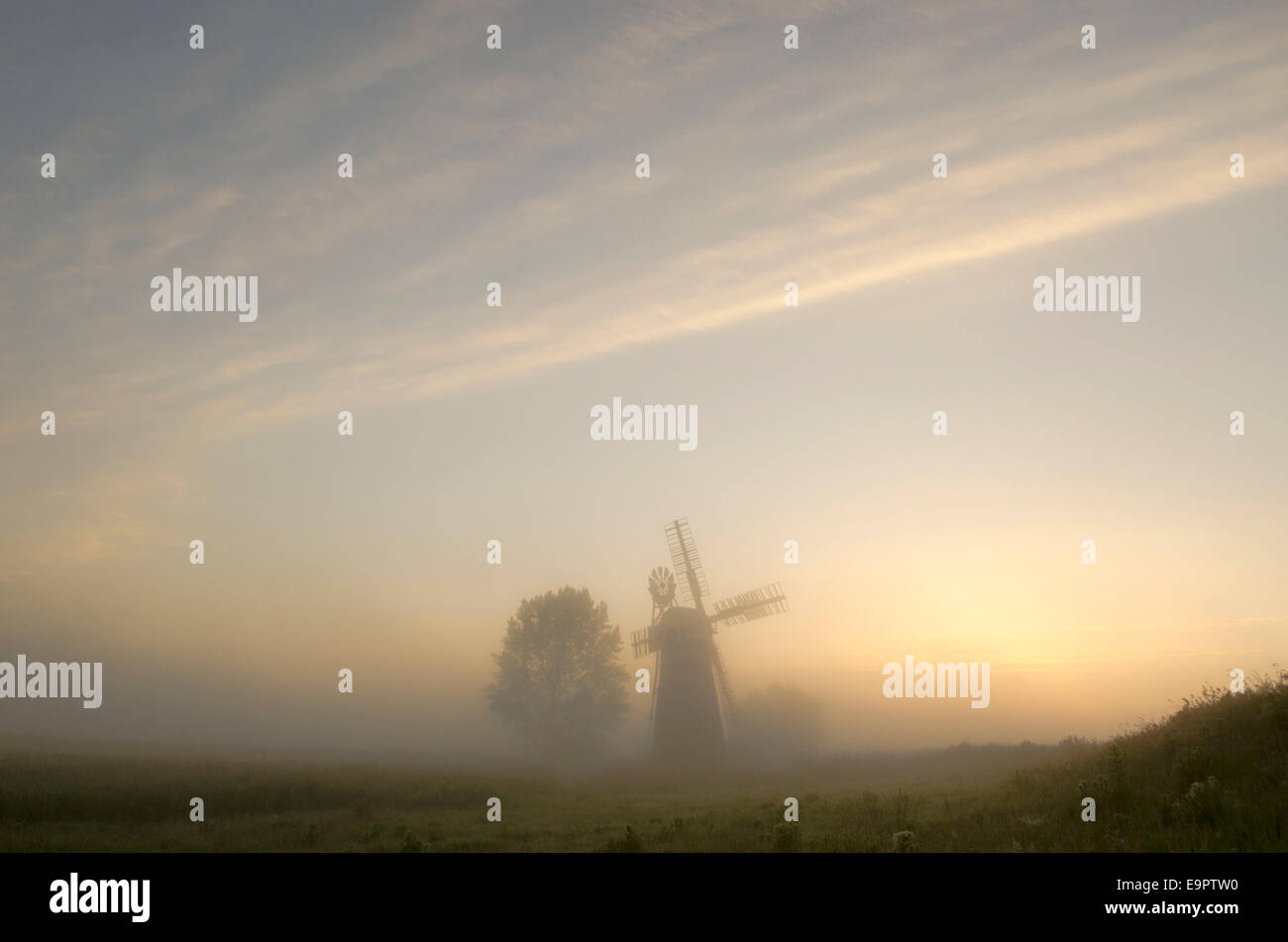 Hardley Drainage Mill, River Yare, Norfolk Broads, June. Sunrise. Dawn mist. Stock Photo