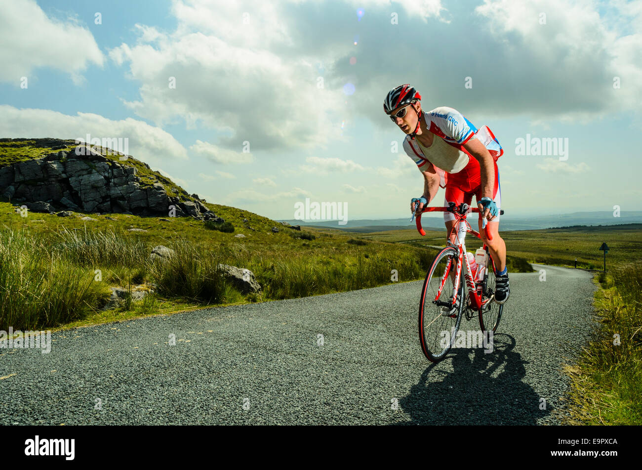 Cyclist on the climb of Bowland Knotts during a sportive event in the Forest of Bowland Lancashire Stock Photo