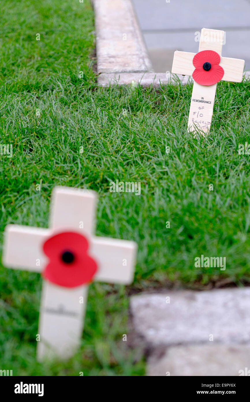 Bath, UK. 31st October, 2014. With eleven days to go until Remembrance Day,the first Crosses with Remembrance Poppies have been placed in the Field of Remembrance in front of Bath Abbey. Credit:  lynchpics/Alamy Live News Stock Photo