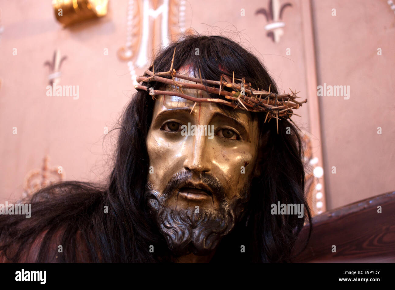A Wooden Sculpture Of Jesus Christ Wearing The Crown Thorns Decorates Church In Guanajuato