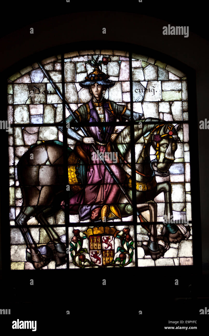 A stained glass window with the image of Saint James Apostle decorates in Segovia, Castilla y Leon, Spain Stock Photo