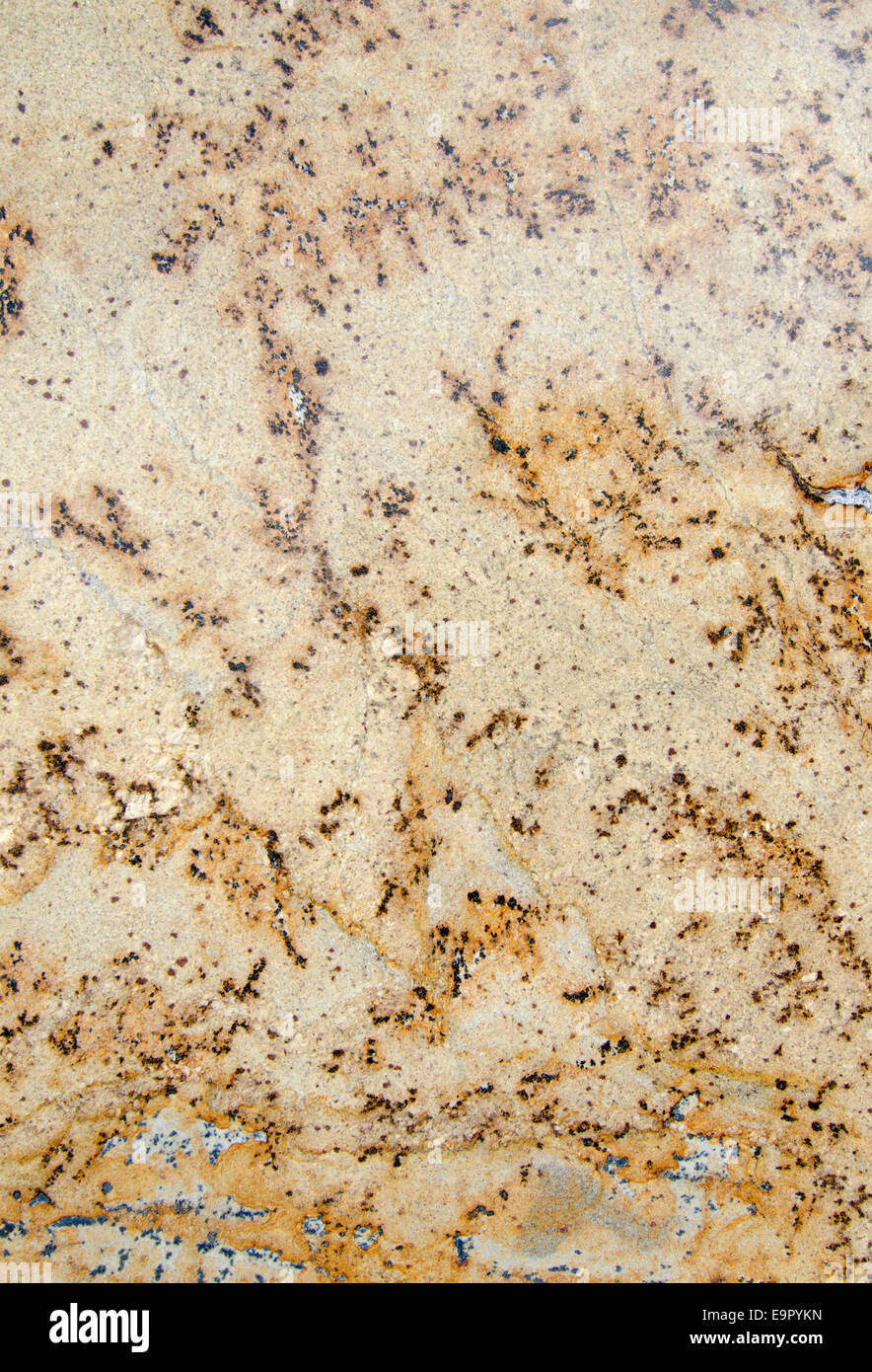 A full slab of cut and polished Granite makes a background of textures, patterns and colors. Stock Photo