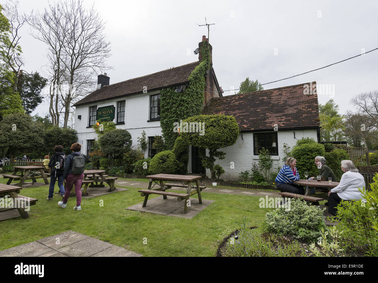 The Bush Inn pub situated on the banks of the River Itchen in the picturesque village of Ovington, Hampshire, England, UK Stock Photo