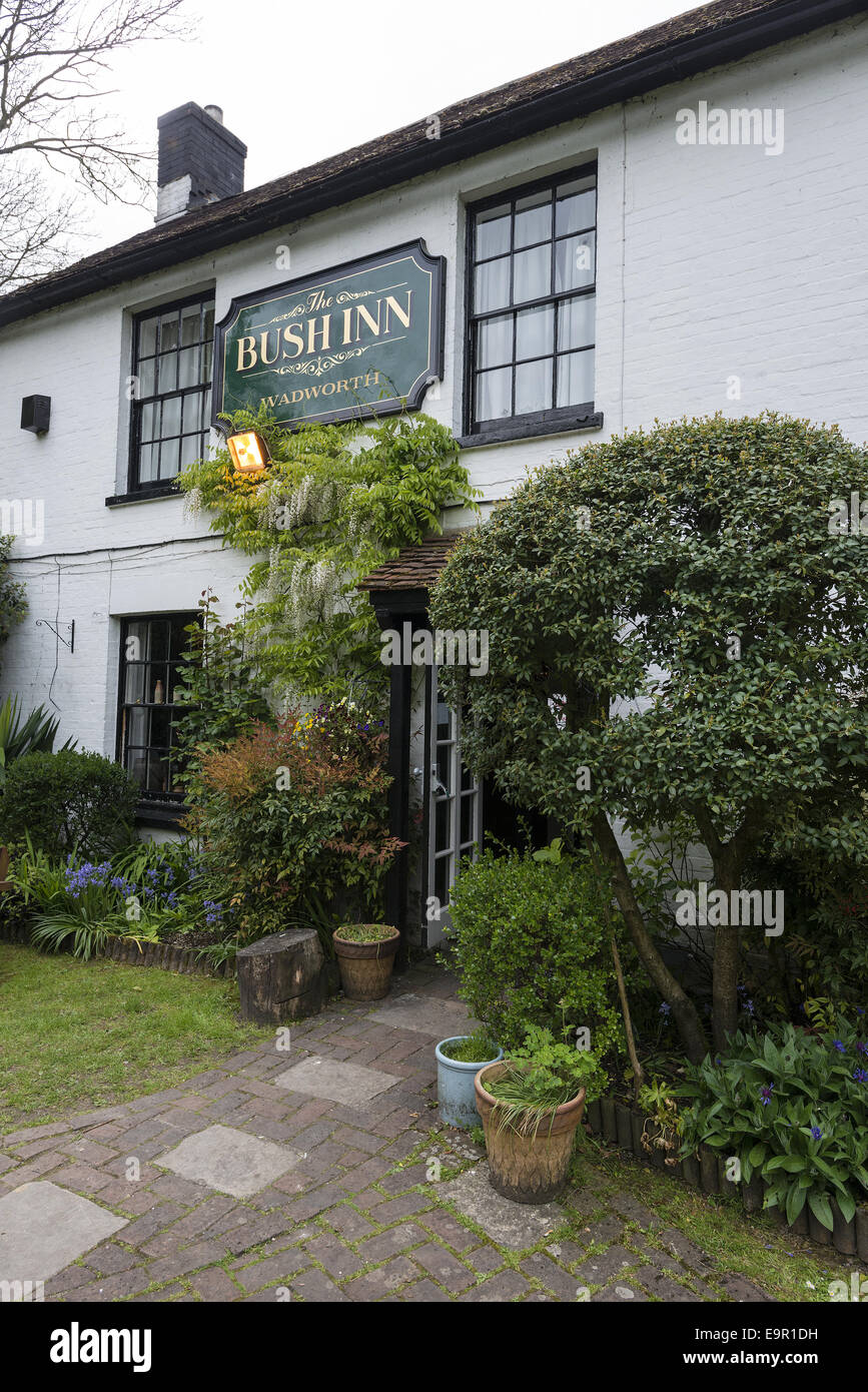 The Bush Inn pub situated on the banks of the River Itchen in the picturesque village of Ovington, Hampshire, England, UK Stock Photo
