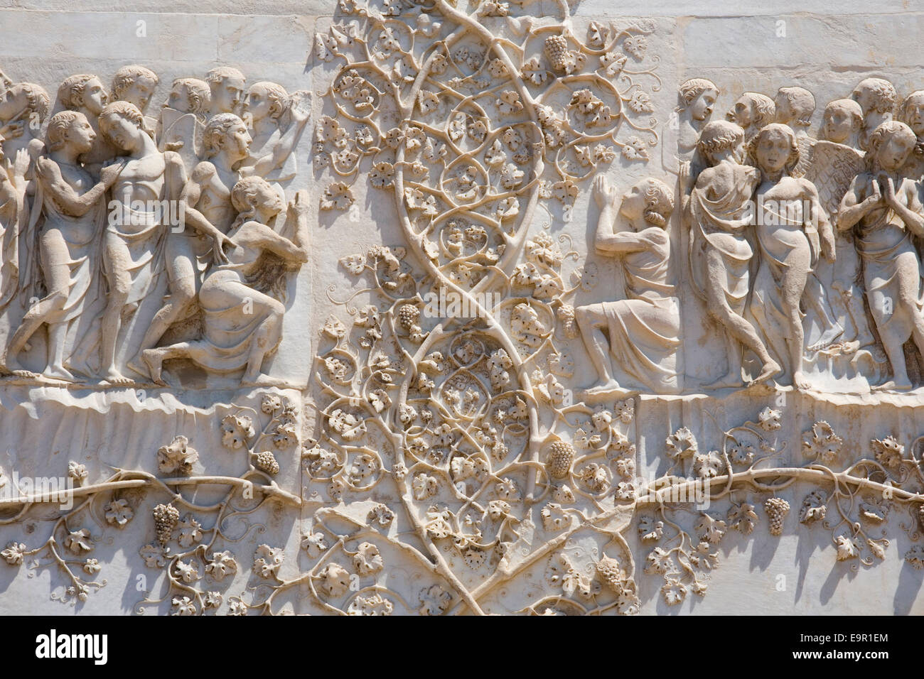 Orvieto, Umbria, Italy. Intricately carved bas-relief depicting the Last Judgment on façade of the cathedral. Stock Photo