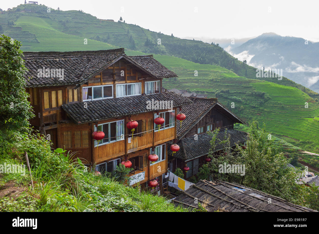Mountain lodge, Longsheng Rice Terrace, Dragon's Backbone, Longji, China. Stock Photo
