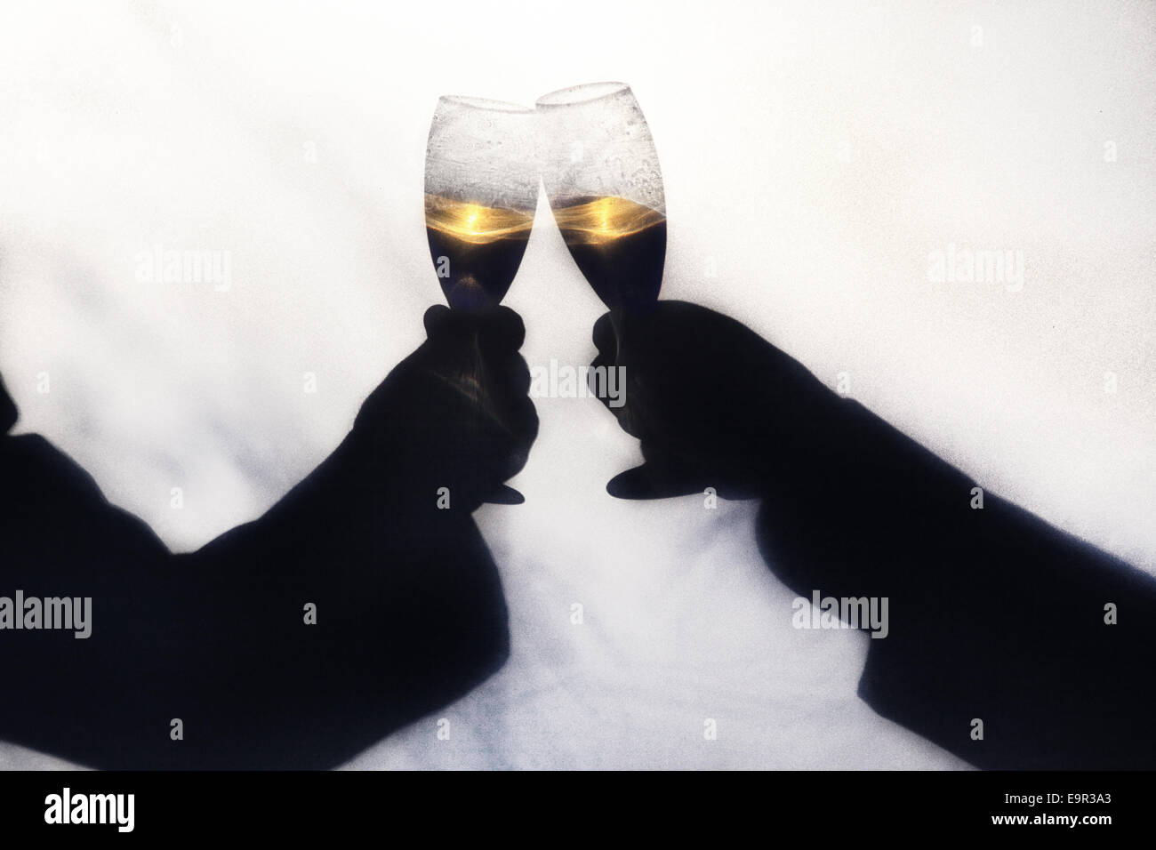 Two gay men toasting their wedding with champagne.  Silhoette taken outdoors behind a screen, with abstract shapes of trees and  Stock Photo