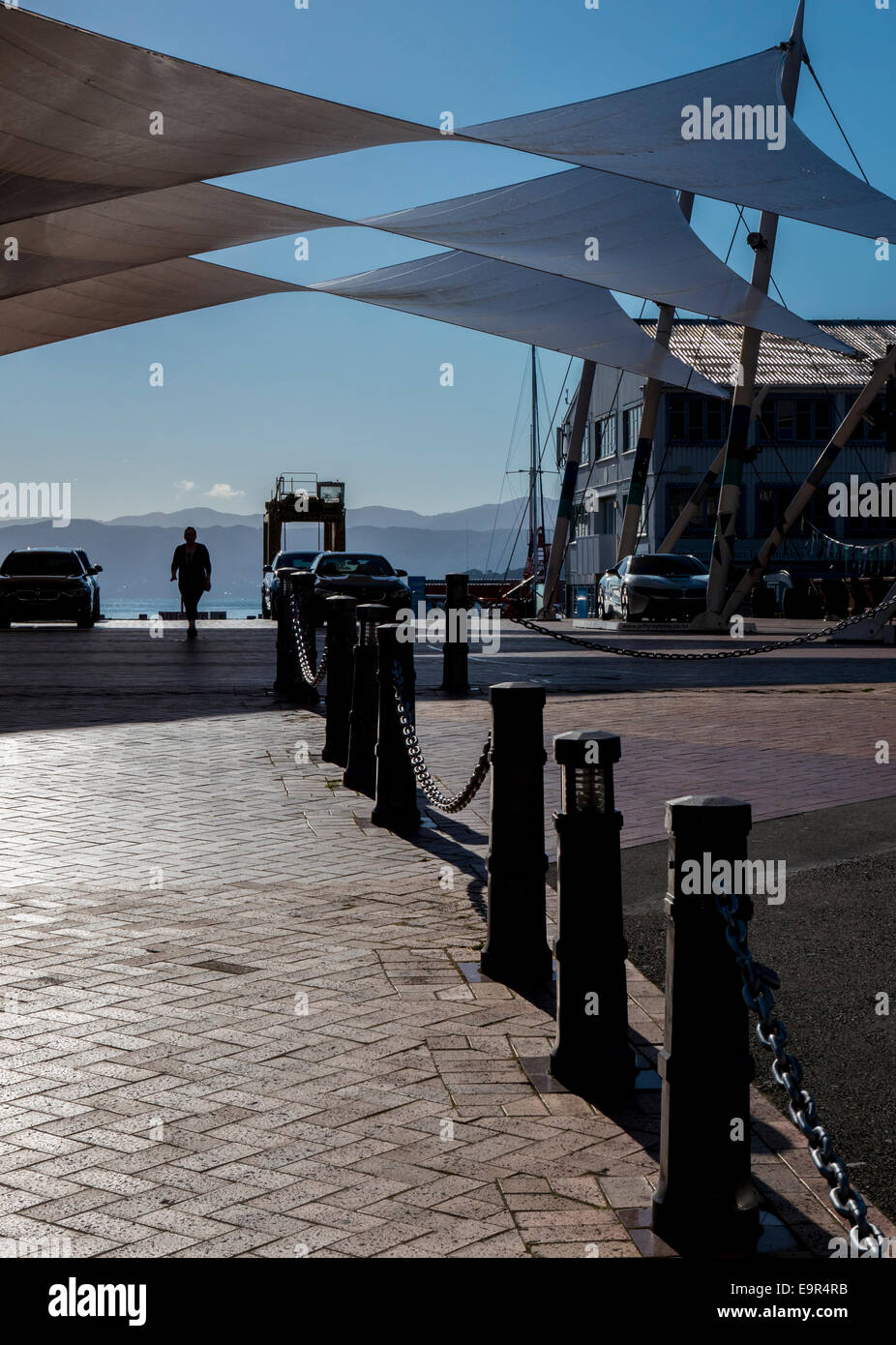 Canopies and railings at Queens Wharf, Wellington waterfront, Wellington New Zealand Stock Photo