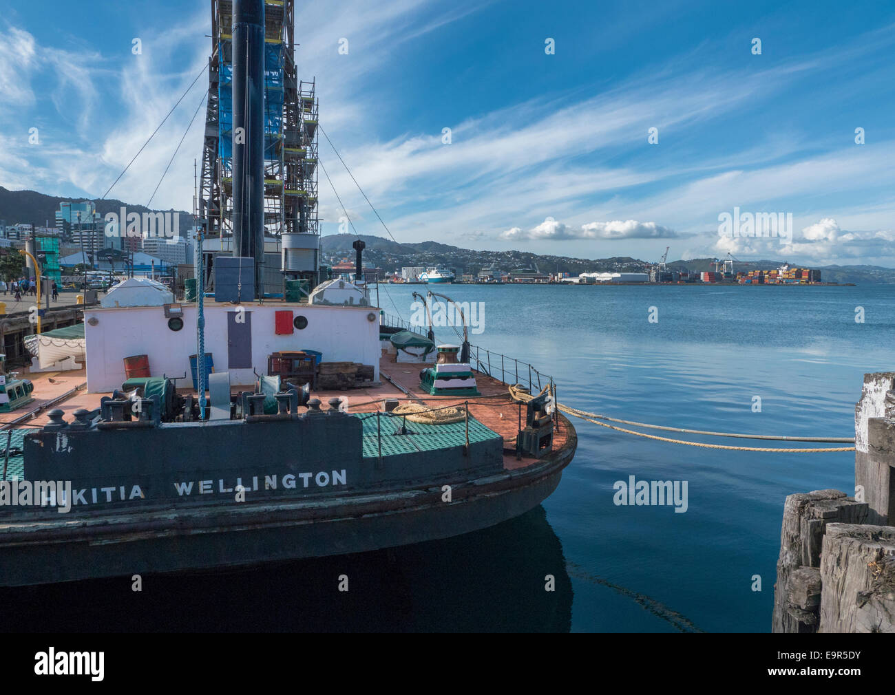 The stern of Hikitia, an historic steam powered floating crane moored on Wellington Waterfront, New Zealand Stock Photo