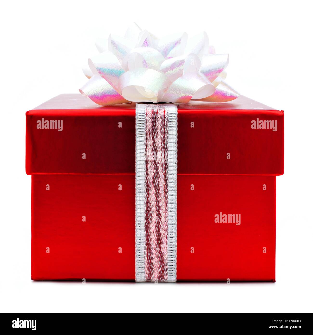 Red Christmas gift box with white bow and ribbon Stock Photo