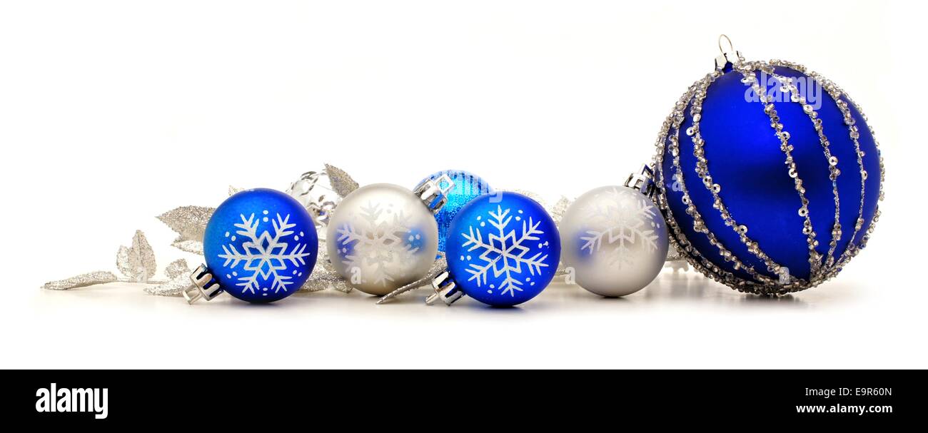 Collection of blue and silver Christmas baubles forming a border Stock Photo
