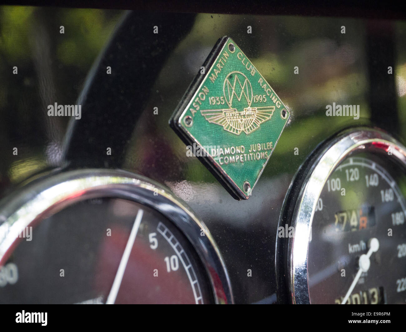 Aston Martin club racing logo on a classic racing instrument panel Stock Photo