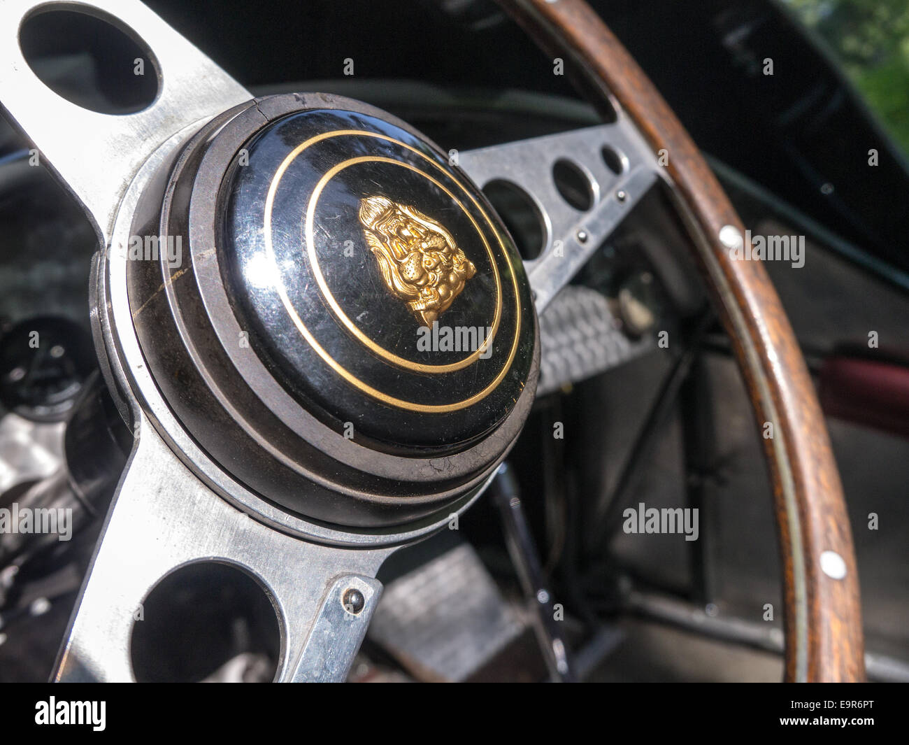 The steering wheel in a classic Jaguar racing car Stock Photo