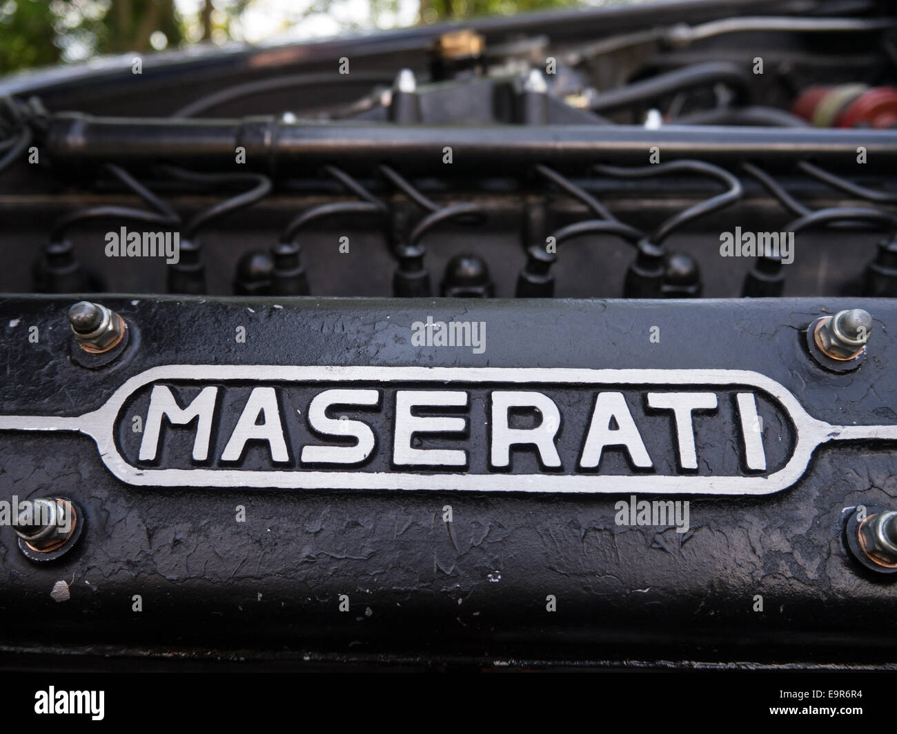A classic Maserati racing car engine with prominent maserati logo Stock Photo