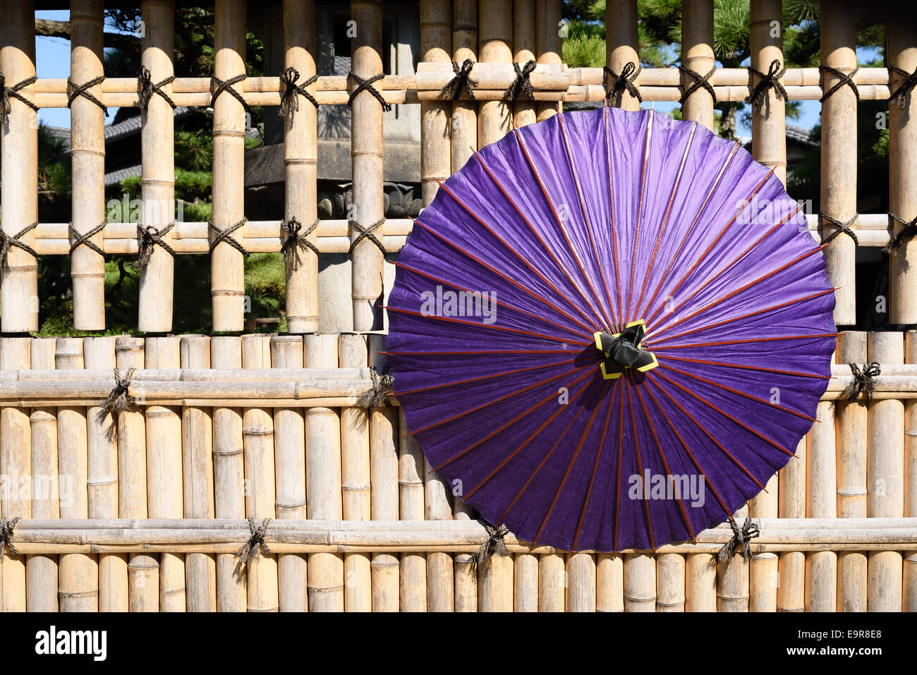 Japanese traditional red umbrella with bamboo fence Stock Photo